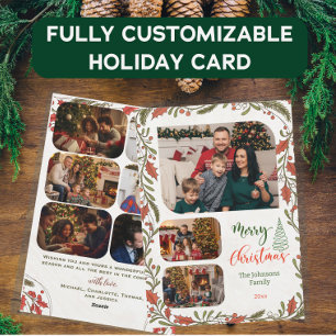 Custom Christmas Photo Collage, Script & Holly Holiday Card