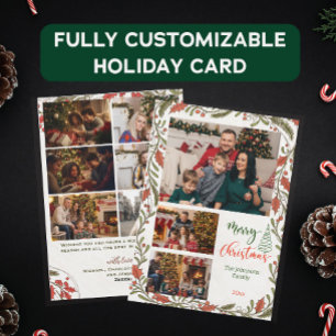 Custom Christmas Photo Collage with Holly Script Holiday Card