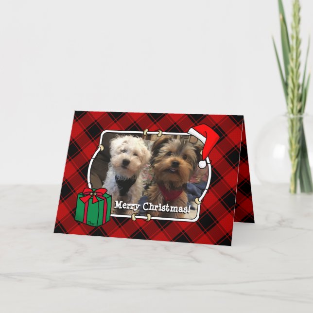 Custom Christmas Photo Frame Red and Black Plaid Card (Front)
