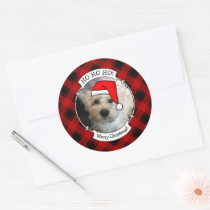 Custom Christmas Photo Frame Red and Black Plaid Classic Round Sticker