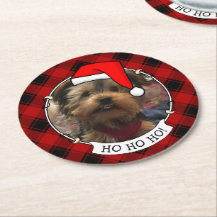 Custom Christmas Photo Frame Red and Black Plaid Round Paper Coaster