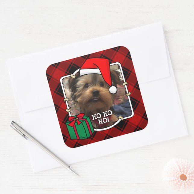 Custom Christmas Photo Frame Red and Black Plaid Square Sticker (Envelope)