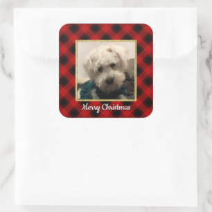 Custom Christmas Photo Frame Red and Black Plaid Square Sticker