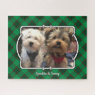 Custom Christmas Photo Frame Red and Green Plaid Jigsaw Puzzle