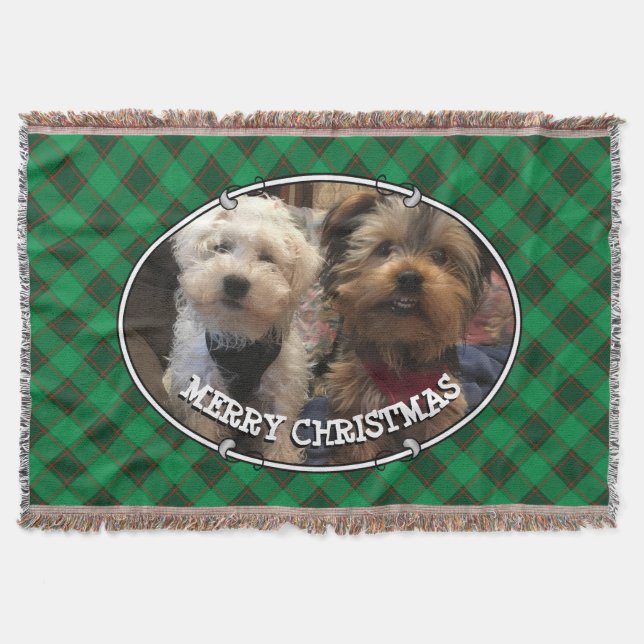 Custom Christmas Photo Frame Red and Green Plaid Throw Blanket (Front)