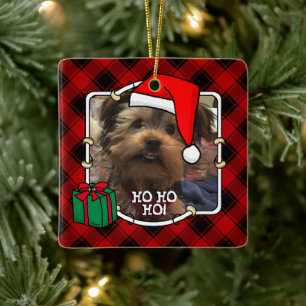Custom Christmas Photo Frame Red & Black Plaid Pet Ceramic Ornament