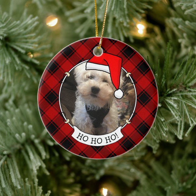 Custom Christmas Photo Frame Red & Black Plaid Pet Ceramic Tree Decoration (Tree)