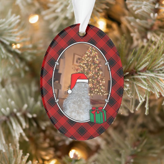 Custom Christmas Photo Frame Red & Black Plaid Pet Ornament (Tree)