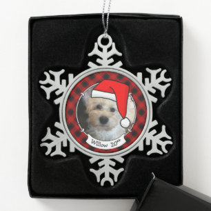 Custom Christmas Photo Frame Red & Black Plaid Pet Snowflake Pewter Christmas Ornament