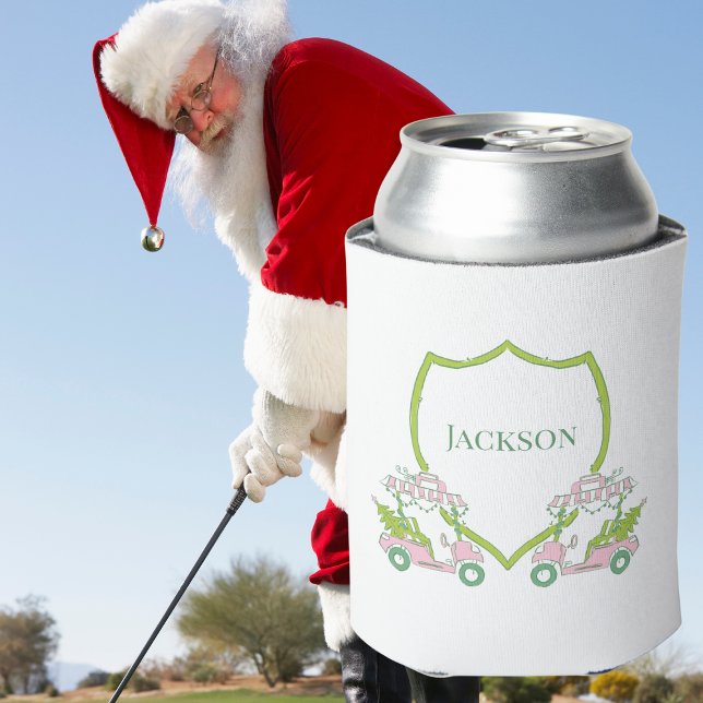 Custom Christmas Pink Golf Carts Green Crest Party Can Cooler (Creator Uploaded)