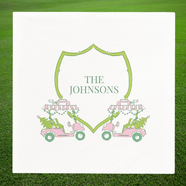 Custom Christmas Pink Golf Carts Green Crest Party Napkin (Creator Uploaded)
