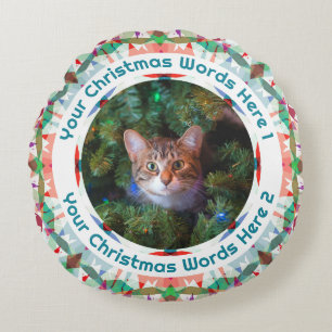 Custom Christmas Pink Green Blue Family Photo Gift Round Cushion