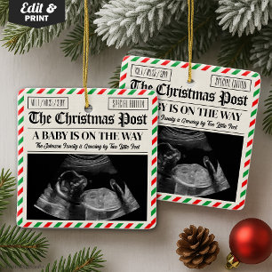 Custom Christmas Pregnancy Announcement Newspaper Ceramic Ornament