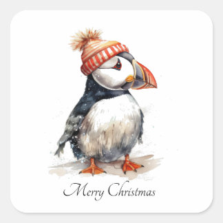 Custom Christmas Puffin Orange Pompom Hat Square Sticker