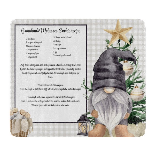 Custom Christmas Recipe Keepsake Watercolor Gnome  Cutting Board (Front)