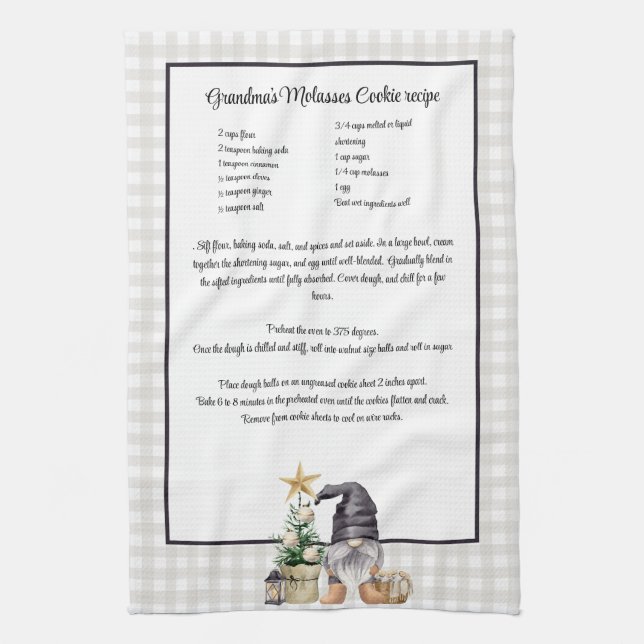 Custom Christmas Recipe Keepsake Watercolor Gnome  Tea Towel (Vertical)
