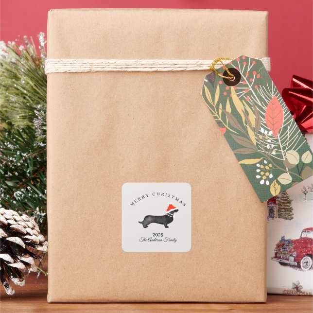 Custom Christmas red gray santa dachsund Square Sticker (Holiday)