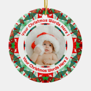 Custom Christmas Red Green Family Photo Gift Ceramic Tree Decoration