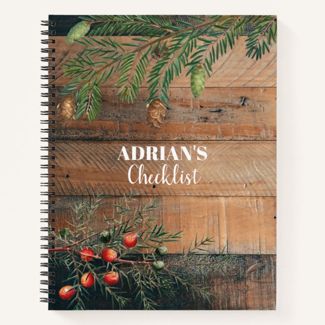 Custom Christmas Rustic Wood Xmas Checklist Notebook (Front)