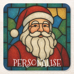 Custom Christmas Santa Art Deco Stained Glass Square Paper Coaster