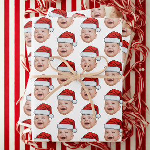 Custom Christmas Santa Hat Face Photo Wihte Wrapping Paper Sheet