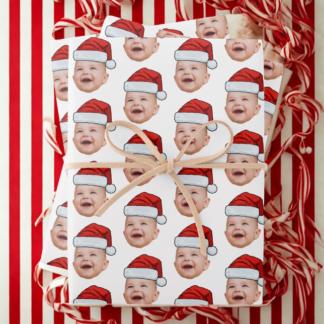 Custom Christmas Santa Hat Face Photo Wihte Wrapping Paper Sheet (Creator Uploaded)