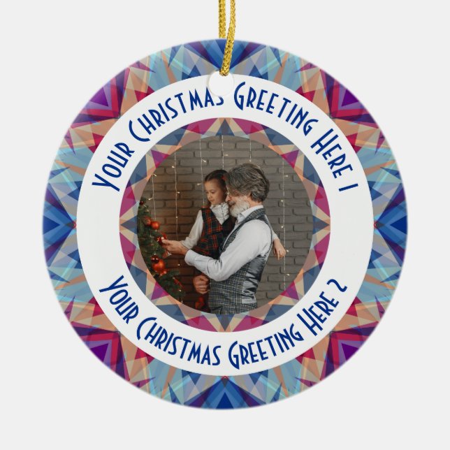 Custom Christmas Star Jolly Blue Photo Greeting Ceramic Tree Decoration (Front)