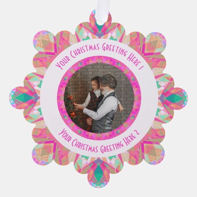 Custom Christmas Star Jolly Pink Photo Greeting Tree Decoration Card (Front)
