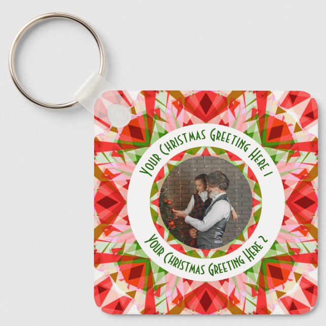 Custom Christmas Star Jolly Red Fun Photo Greeting Key Ring (Front)