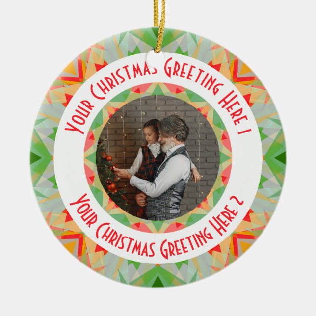 Custom Christmas Star Merry Green Photo Greeting Ceramic Tree Decoration (Front)