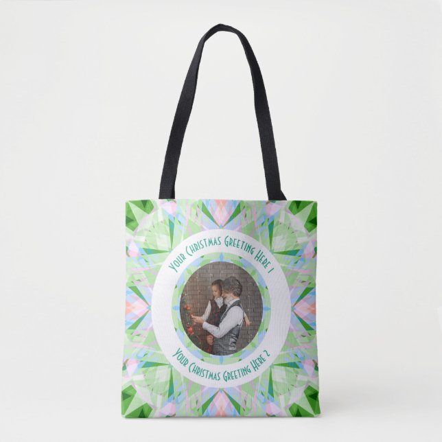 Custom Christmas Star Winter Green Photo Greeting Tote Bag (Front)