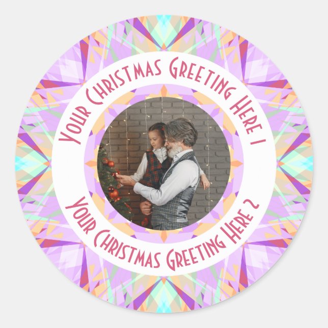 Custom Christmas Star Winter Purple Photo Greeting Classic Round Sticker (Front)