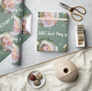 Custom Christmas Text and One Circle Photo Sage Wrapping Paper
