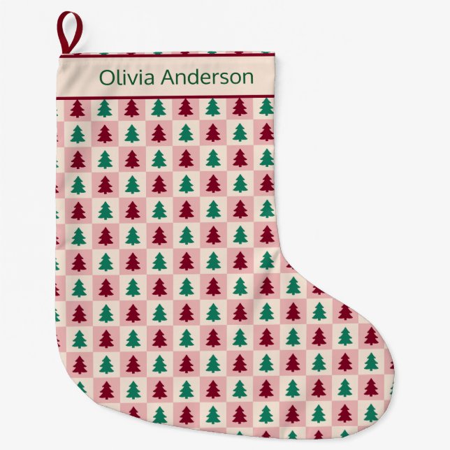 Custom Christmas Tree Burgundy Pine Green Pattern Large Christmas Stocking (Front)