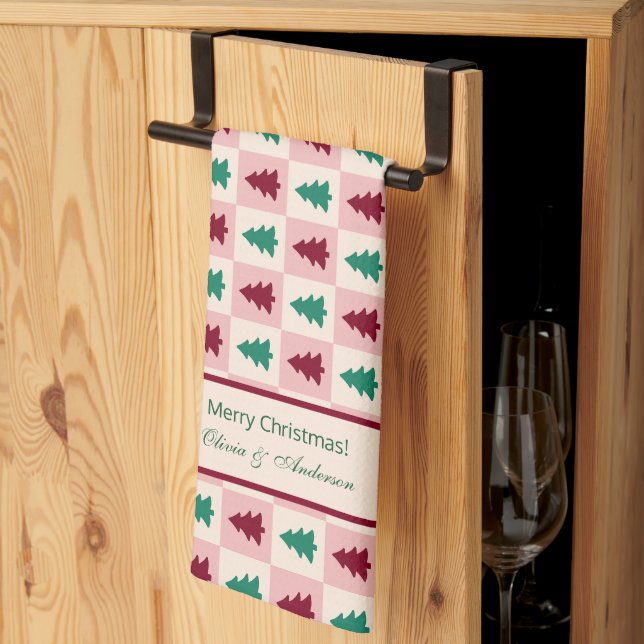 Custom Christmas Tree Burgundy Pine Green Pattern Tea Towel (Thirds Fold)