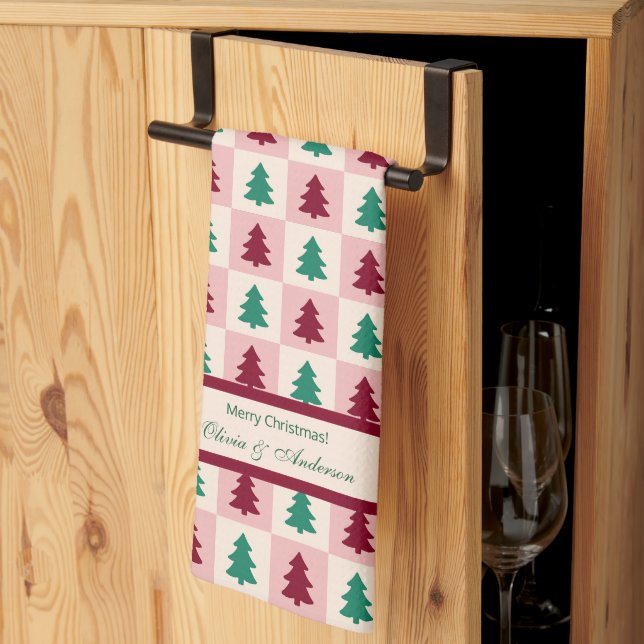 Custom Christmas Tree Burgundy Pine Green Pattern Tea Towel (Thirds Fold)
