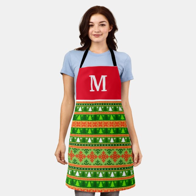 CUSTOM CHRISTMAS TREE GREEN WHITE RED ORNAMENTS  APRON (Worn)
