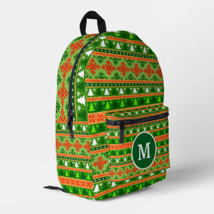 CUSTOM CHRISTMAS TREE GREEN WHITE RED ORNAMENTS PRINTED BACKPACK