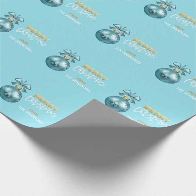 Custom Christmas Turquoise Blue Gold Ornament Wrapping Paper (Corner)