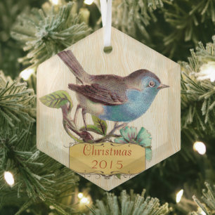Custom Christmas Vintage Bluebird Glass Tree Decoration