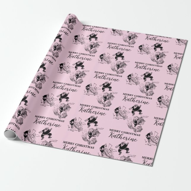 Custom Christmas Vintage Funny Santa Pink Wrapping Paper (Unrolled)