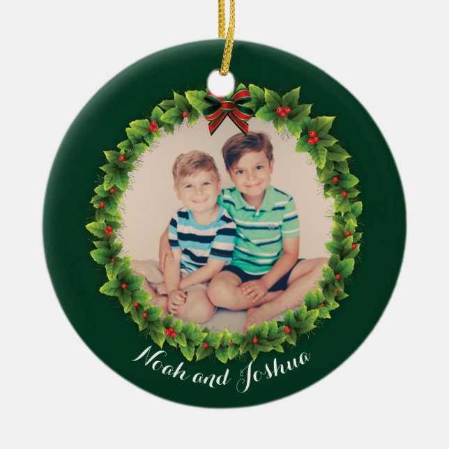 Custom Christmas Wreath Photo Cute Personalized Ceramic Tree Decoration (Front)