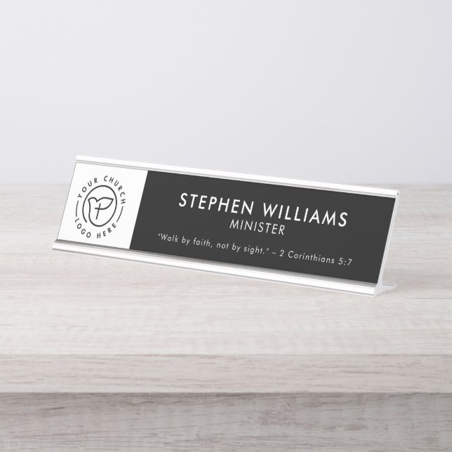 Custom Church Logo Minister Verse Black and White Desk Name Plate (Front)
