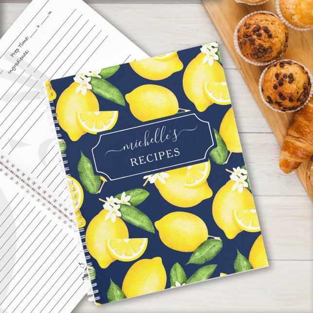 Custom Citrus Lemon Pattern Recipe Navy Blue Notebook (Creator Uploaded)