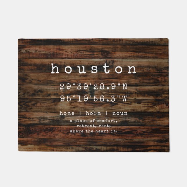 Custom City Coordinates | Rustic Faux Wood Doormat (Front)