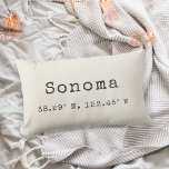 Custom City Coordinates Throw Pillow | Ivory<br><div class="desc">Show your love for your hometown or current city with our custom coordinates lumbar throw pillow. Shown for Sonoma, California, our neutral ivory cream pillow features your city name and latitude and longitude in charcoal vintage typewriter lettering. Enter your city name and coordinates using the fields provided, or use the...</div>