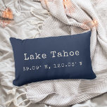 Custom City Coordinates Throw Pillow | Navy<br><div class="desc">Show your love for your hometown or current city with our custom coordinates lumbar throw pillow. Shown for Lake Tahoe, our dark navy blue pillow features your city name and latitude and longitude in ivory vintage typewriter lettering. Enter your city name and coordinates using the fields provided, or use the...</div>