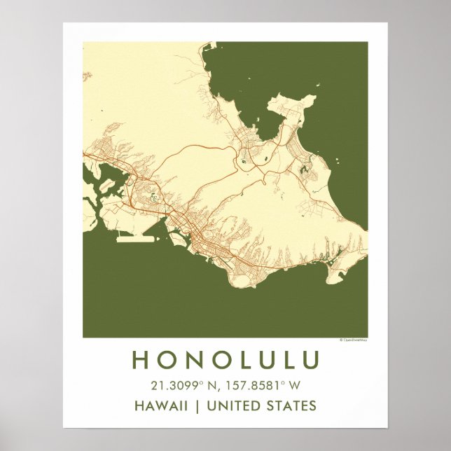 Custom City Map Honolulu Hawaii Wall Art Poster (Front)