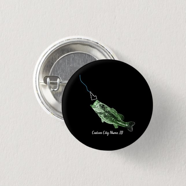 CUSTOM CITY NAME BASS HERE FISHY FISHY STRIKING ID 3 CM ROUND BADGE (Front & Back)