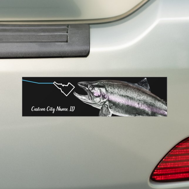 CUSTOM CITY NAME STEELHEAD HERE FISHY FISHY STK ID BUMPER STICKER (On Car)